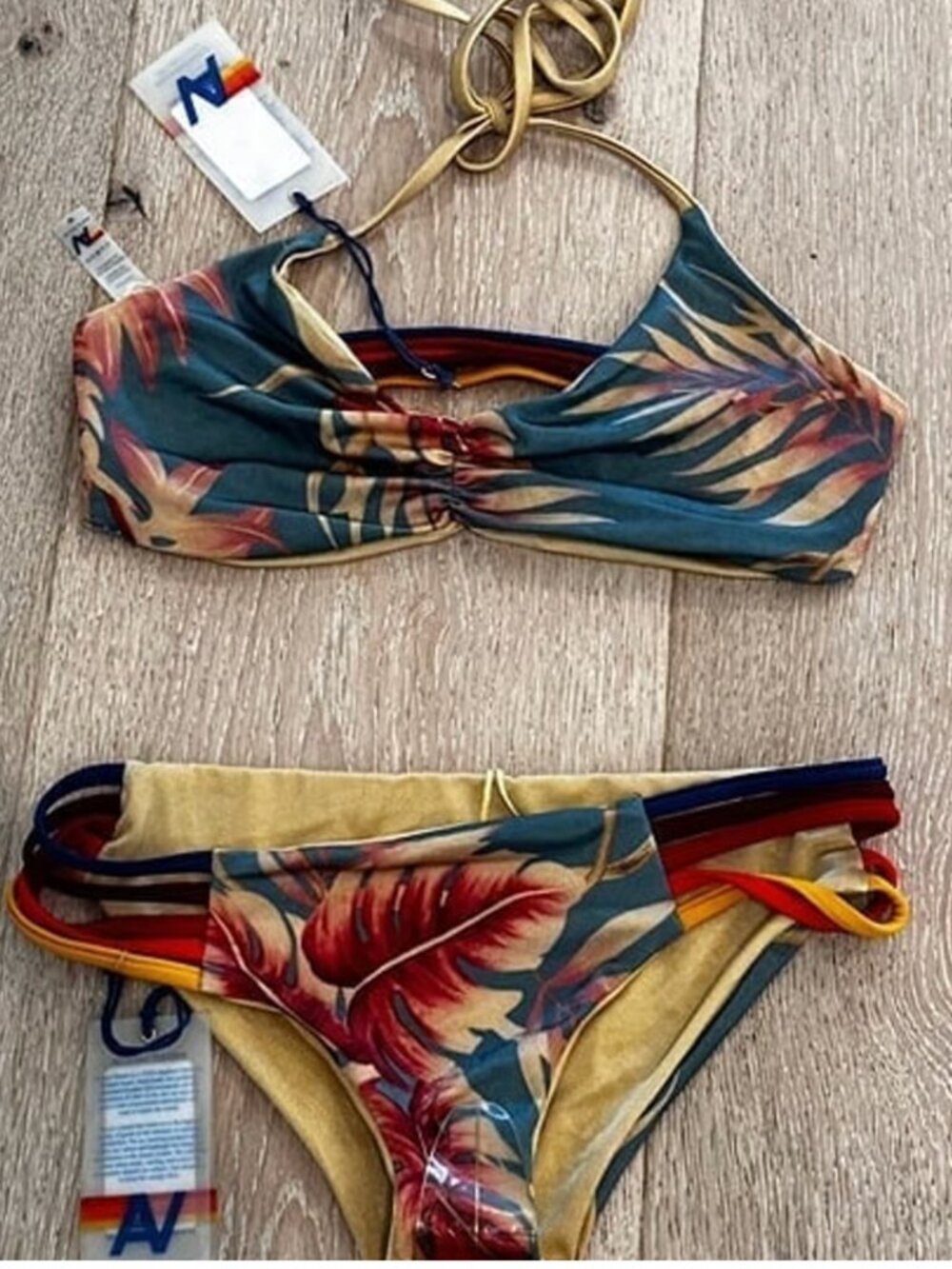 NWT AVIATOR NATION REVERSIBLE STRAPPY BIKINI TOP AND BOTTOM SET GOLD KAUAI